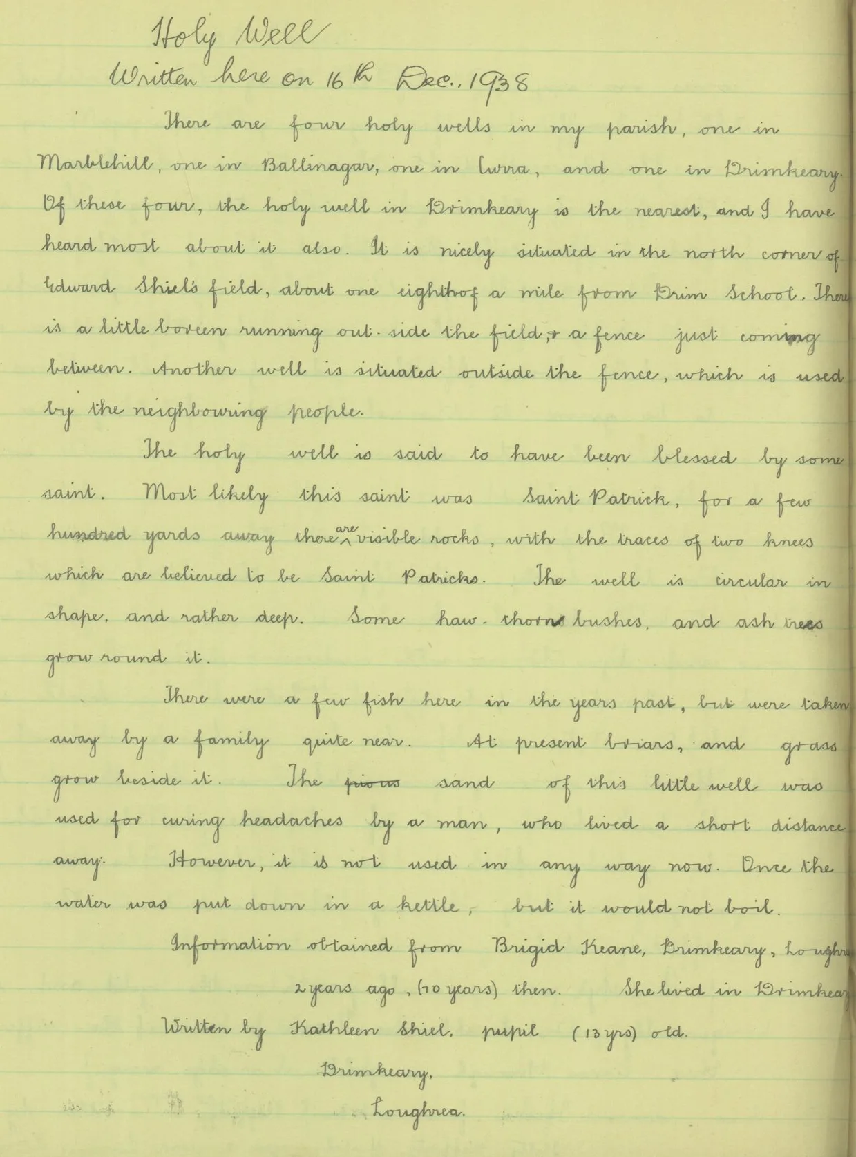 Handwritten account of the holy well in a school copybook, dated 16th December 1938