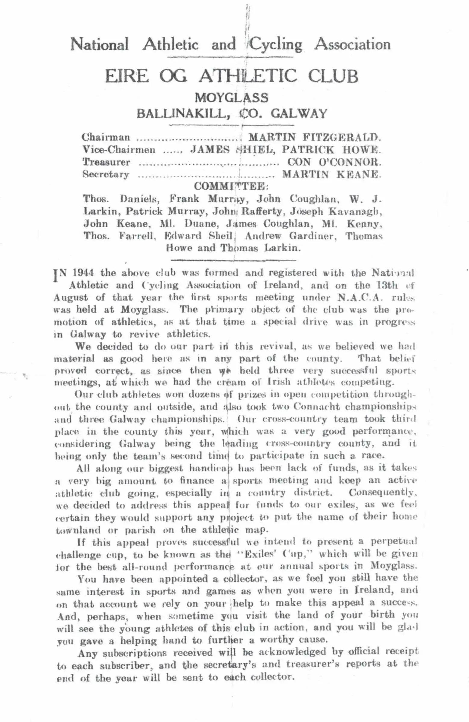 Printed appeal from Éire Óg Athletic Club, Moyglass, listing its officers and committee