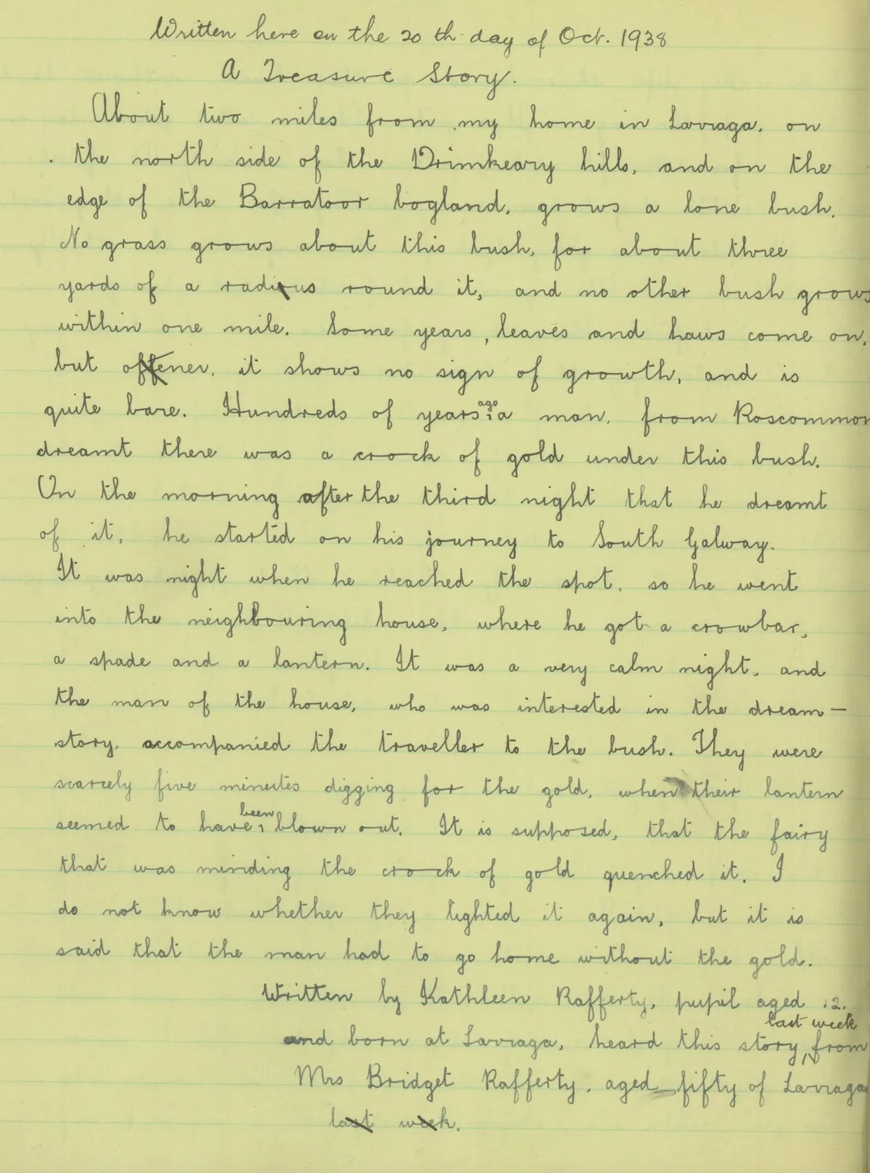 Handwritten story in a school copybook, dated 20th October 1938, titled A Treasure Story