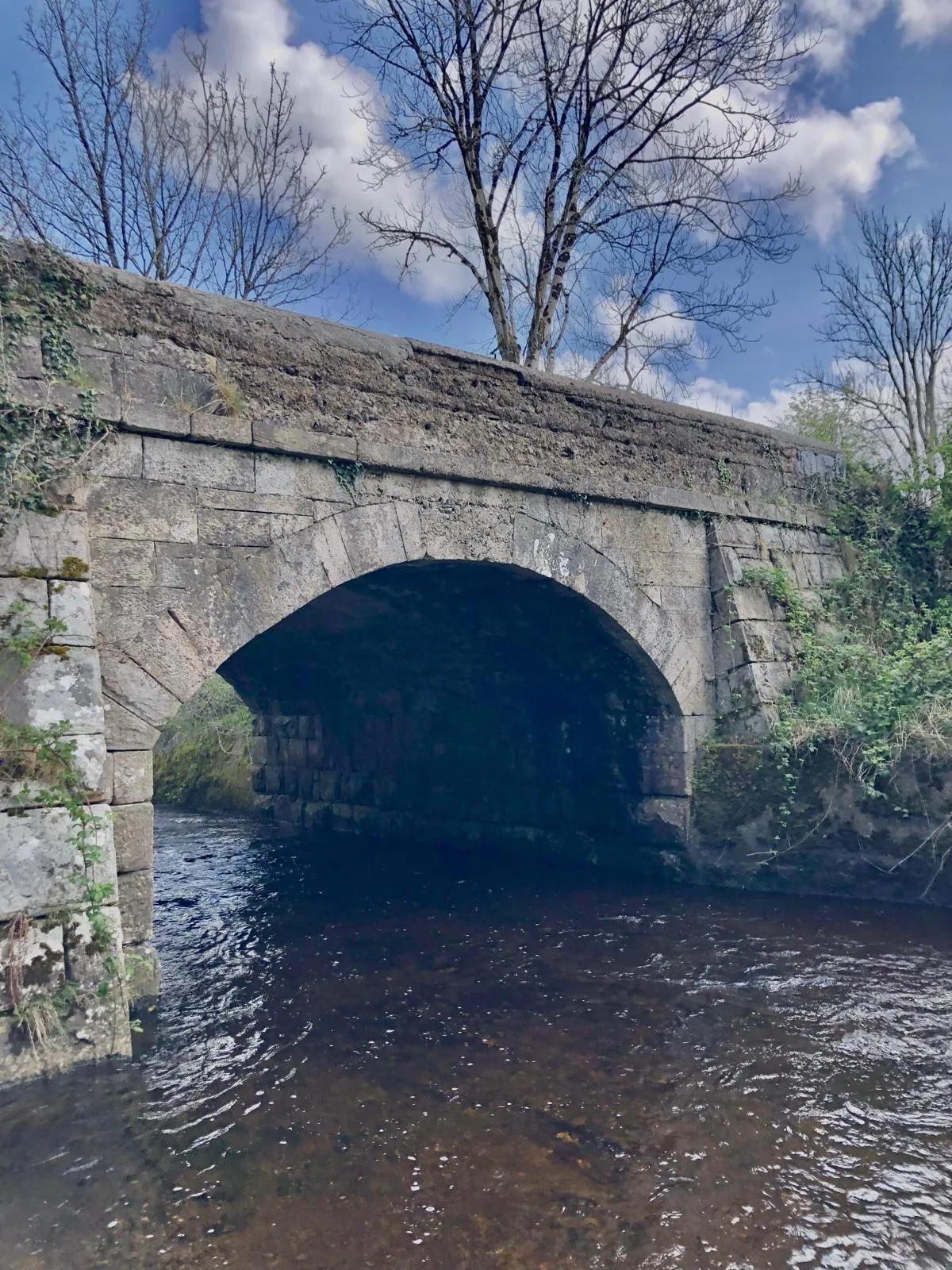 A stone arch bridge over the Ross River, with trees growing along the bank